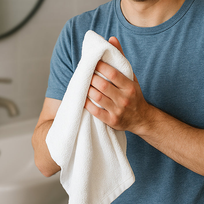 Man drying hands with soft white towel