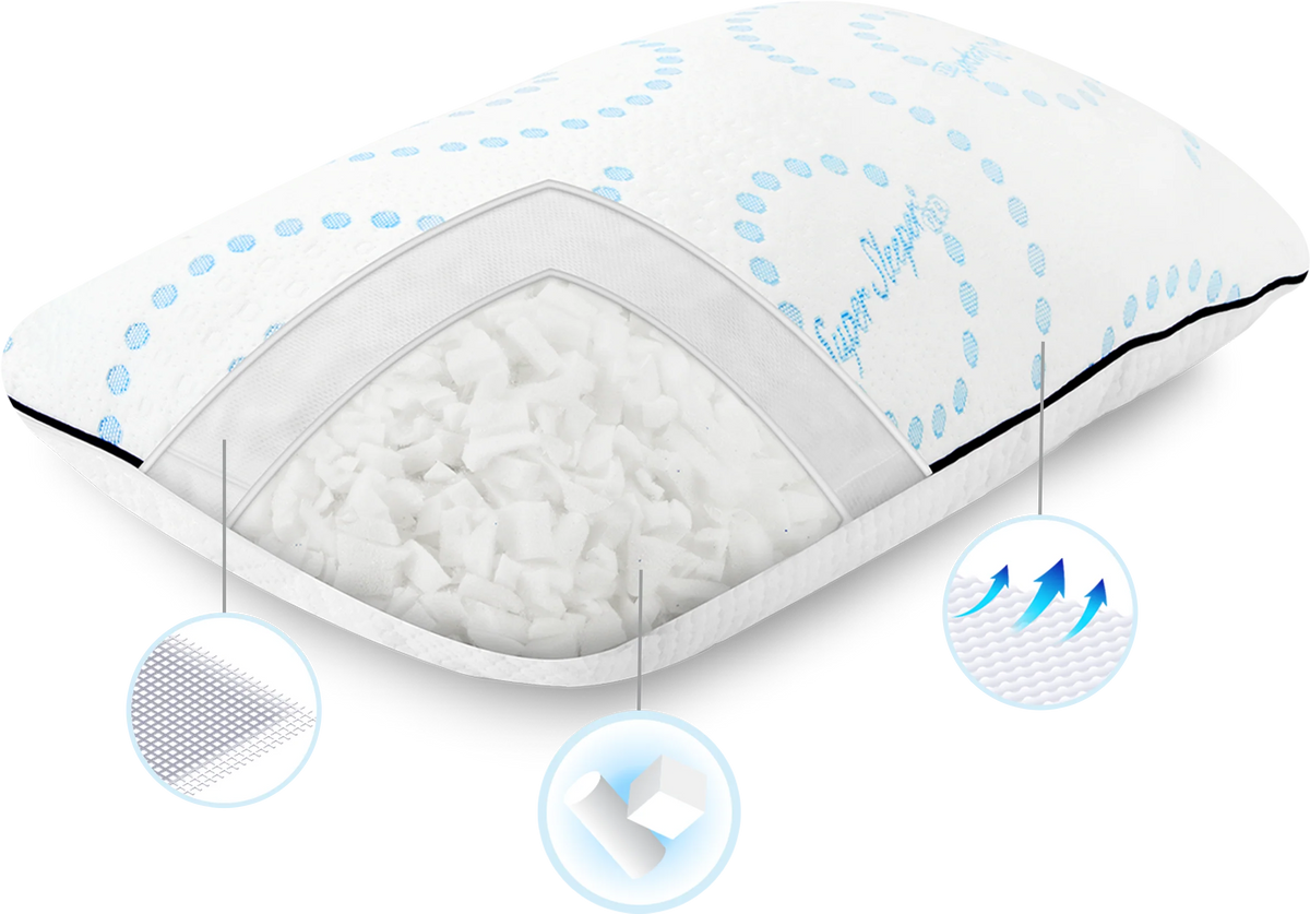 A white pillow with blue dotted patterns is shown with a transparent section revealing shredded filling inside. Three circular insets highlight the pillows fabric texture, filling material, and breathable cover.