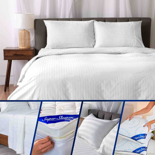 A collage displaying a soft, white, well-presented bed with luxurious white sheets. A corner of a mattress topper being un-zipped, luxurious white pillows and high-quality white bedsheets.