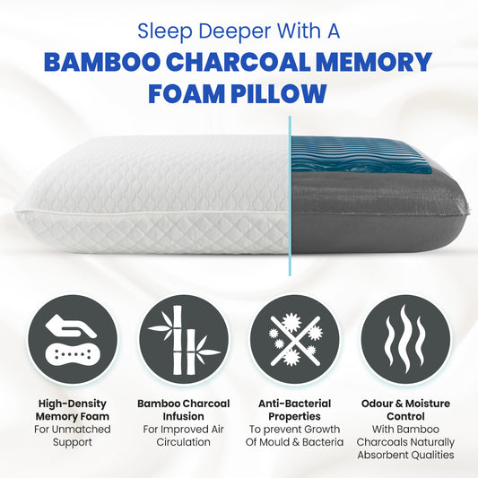 A foam pillow displaying the soft cover and benefits. 