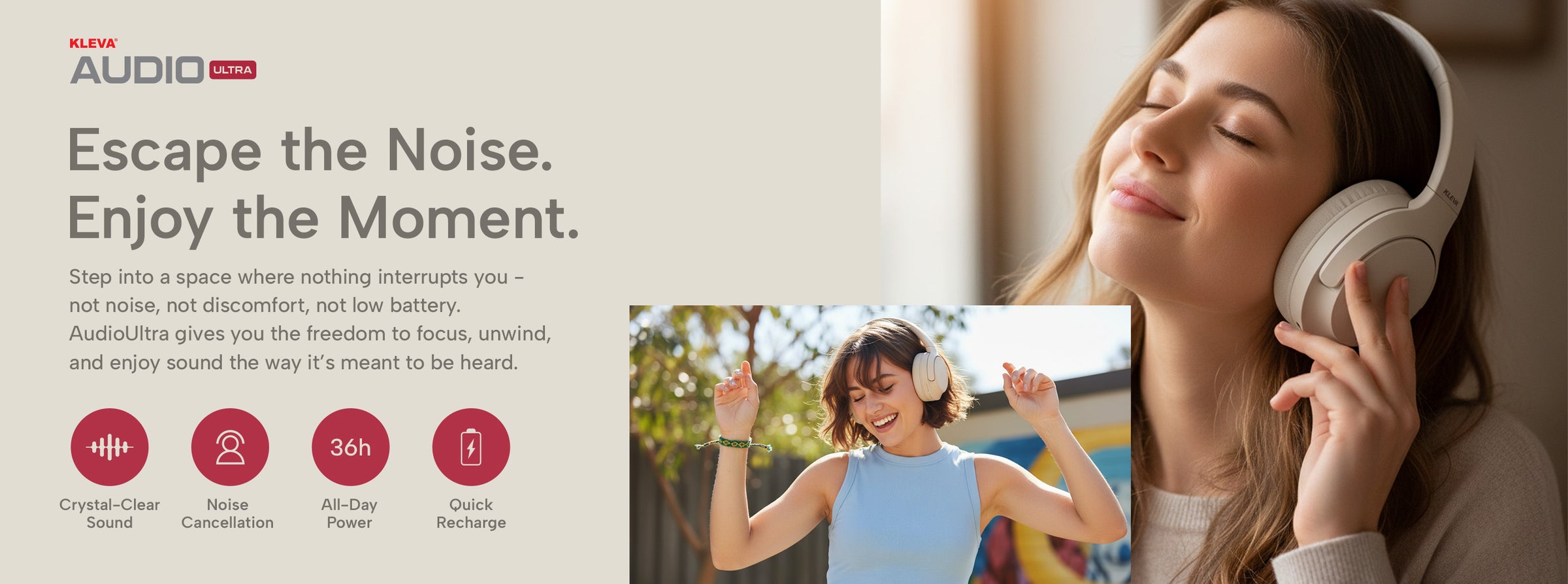 A young woman smiles with her eyes closed while wearing headphones. The ad promotes KLEVV AudioUltra headphones, highlighting features like crystal-clear sound, noise cancellation, 36h battery, and quick recharge.