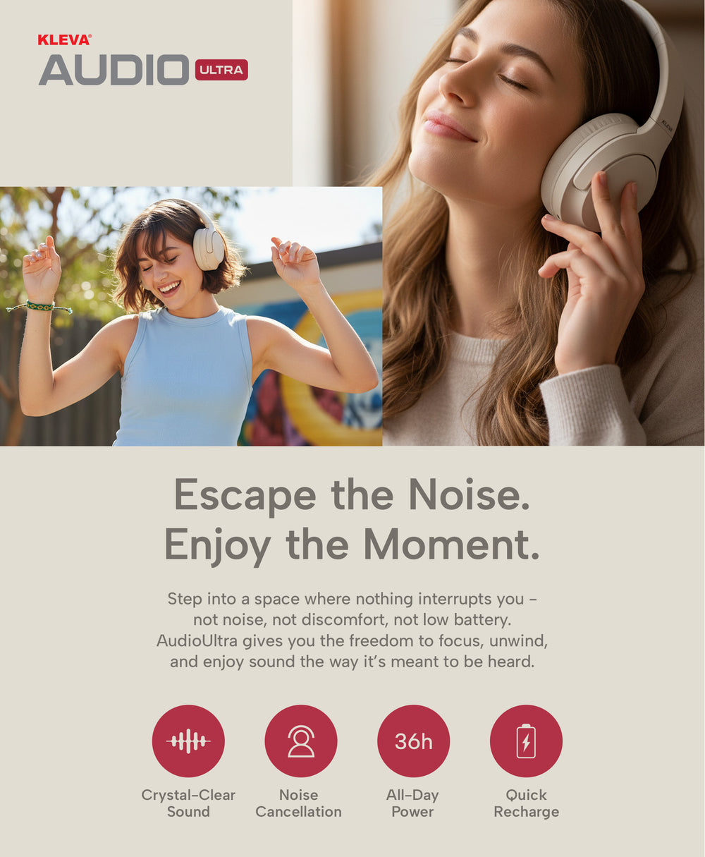 A young woman smiles with her eyes closed while wearing headphones. The ad promotes KLEVV AudioUltra headphones, highlighting features like crystal-clear sound, noise cancellation, 36h battery, and quick recharge.
