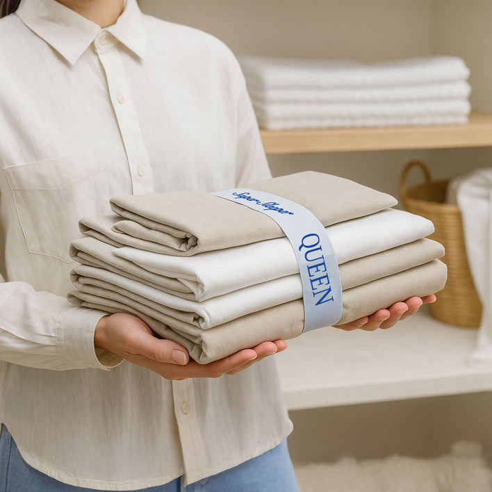 A person in a light shirt holds a stack of QUEEN beige and white sheets, neatly secured with Super Sleeper Pro® Bed Sheet Organiser Bands. Shelves with more linens and a woven basket can be seen in the background.