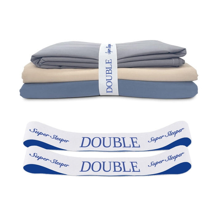 A set of neatly folded TEST broken variant os bed sheets by Super Sleeper Pro, in gray, beige, and blue, each with a white "DOUBLE" organiser band—ideal for sheet storage. Two extra labelled bands are also included.