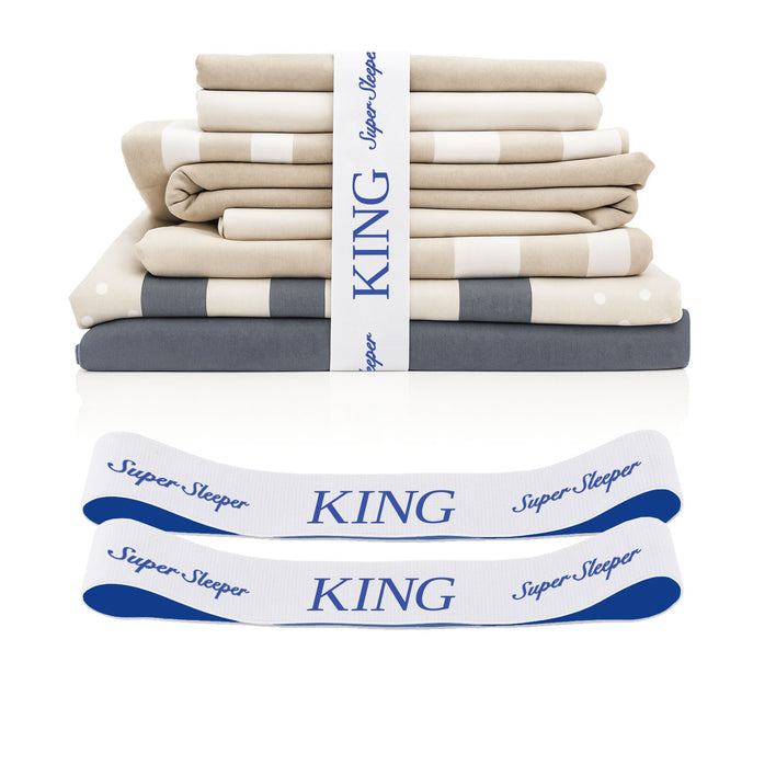 A stack of folded king-size TEST broken variant os bed sheets by Super Sleeper Pro in beige and white, secured with a “KING” ribbon. Includes two matching organiser bands for a neat linen cupboard.