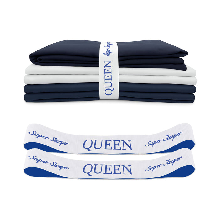 A folded set of navy and white TEST broken variant os bed sheets by Super Sleeper Pro, labeled QUEEN, comes with two white and blue organiser bands—perfect for keeping your linen cupboard tidy.