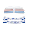 A stack of folded bed sheets in white, pink, and blue with bands labeled SINGLE and Super Sleeper Pro TEST broken variant os—an ideal bed sheet organiser bands set for your linen cupboard organiser needs.