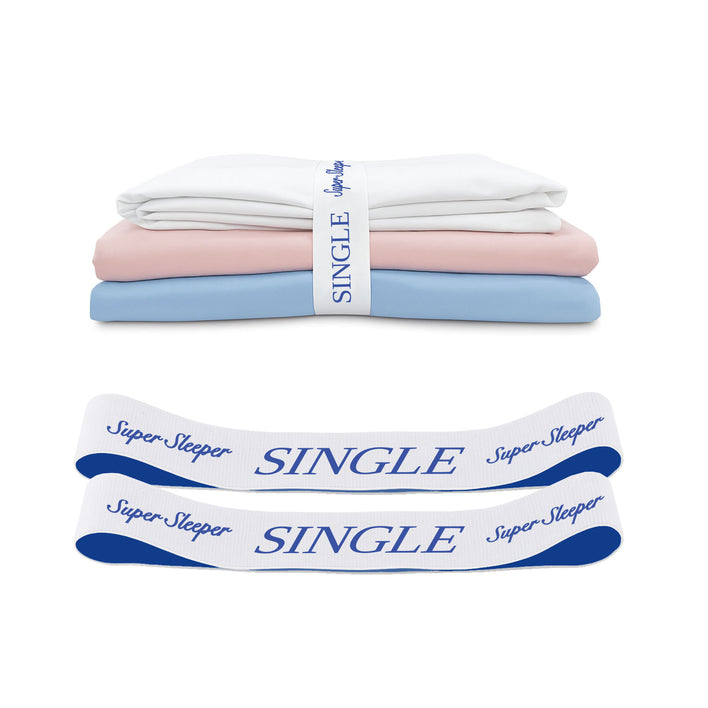 A stack of folded bed sheets in white, pink, and blue with bands labeled SINGLE and Super Sleeper Pro TEST broken variant os—an ideal bed sheet organiser bands set for your linen cupboard organiser needs.