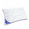 A rectangular white memory foam pillow with blue swirl patterns and blue piping, featuring the Super Sleeper Pro logo in white on a blue corner. Product: Every Comfort Adjustable Pillow.