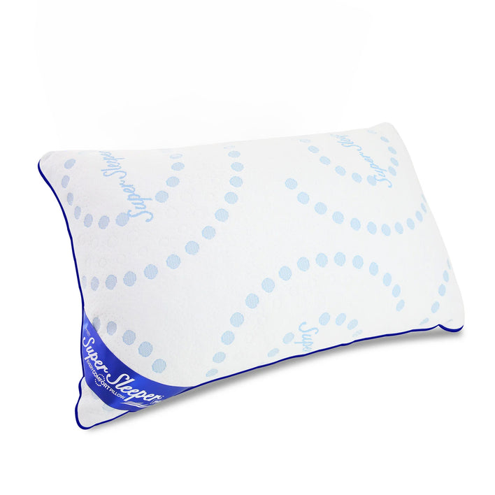 A rectangular white memory foam pillow with blue swirl patterns and blue piping, featuring the Super Sleeper Pro logo in white on a blue corner. Product: Every Comfort Adjustable Pillow.