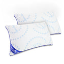 Two white rectangular Every Comfort Adjustable Pillows by Super Sleeper Pro, with blue piping and a light blue circular dotted pattern, feature "Super Sleeper" printed in blue on the surface and edge.