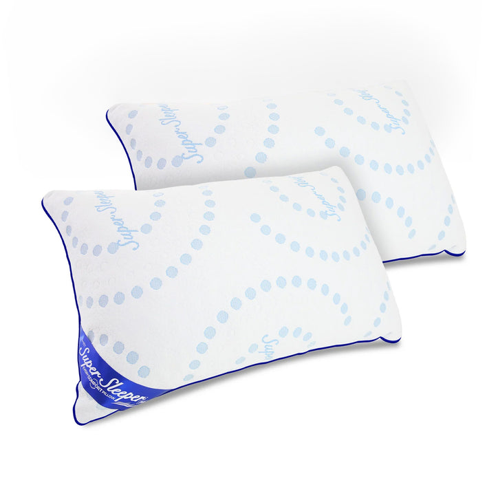 Two white rectangular Every Comfort Adjustable Pillows by Super Sleeper Pro, with blue piping and a light blue circular dotted pattern, feature "Super Sleeper" printed in blue on the surface and edge.