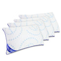 Four Every Comfort Adjustable Pillows by Super Sleeper Pro, each with white covers, blue dotted swirl patterns, and blue piping, are stacked. Each pillow can be customized and features “Super Sleeper” in blue on one corner.