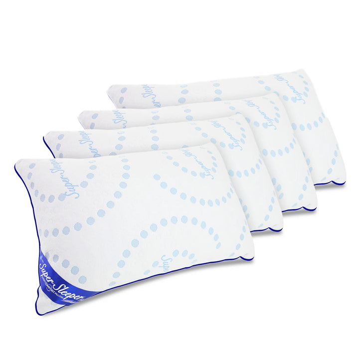 Four Every Comfort Adjustable Pillows by Super Sleeper Pro, each with white covers, blue dotted swirl patterns, and blue piping, are stacked. Each pillow can be customized and features “Super Sleeper” in blue on one corner.