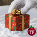 A gloved hand holds a red gift box with tree and star patterns, gold bow, and "Valued at $79" sticker on snow. Discover your FREE Mystery Gift (100% off) from Super Sleeper Pro—find it now at BOGOS.io!.