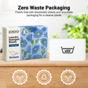 Box of Kleva Range Stain Lifting Laundry Detergent Sheets with a floral design and "30 sheets" label on a wooden surface. A card reads "x60." Icons emphasize plastic-free packaging and this eco-friendly laundry solution.