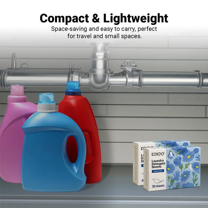 Four large blue and red bottles sit on a shelf under a sink, next to two small boxes of Kleva Range Stain Lifting Laundry Detergent Sheets. Above, text highlights these compact, lightweight, plastic-free laundry sheets. Plumbing pipes are visible above.