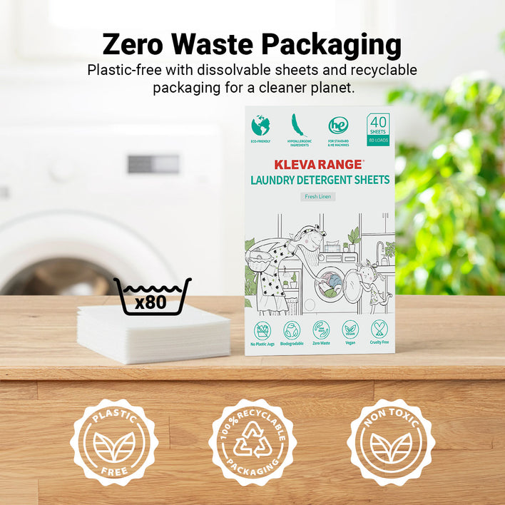 A box of Kleva Range Stain Lifting Laundry Detergent Sheets Fresh Linen (40 sheets/80 washes) sits on a wooden counter, highlighting its eco-friendly, plastic-free, fully recyclable, and non-toxic packaging.