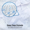 A white shirt in soapy water with a magnified view shows Kleva Range Stain Lifting Laundry Detergent Sheets Fresh Linen cleaning deep between fibers. Deep Clean Formula: tough on stains, gentle on skin and fabrics, plastic-free—40 sheets/80 washes.