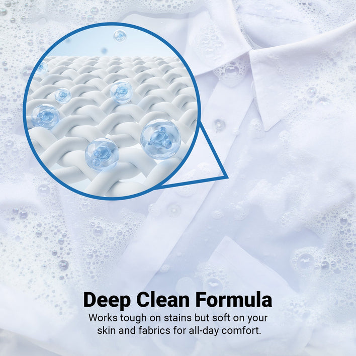 A white shirt in soapy water with a magnified view shows Kleva Range Stain Lifting Laundry Detergent Sheets Fresh Linen cleaning deep between fibers. Deep Clean Formula: tough on stains, gentle on skin and fabrics, plastic-free—40 sheets/80 washes.
