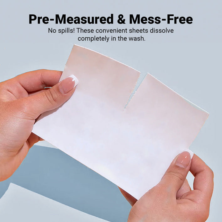 Two hands hold a single white sheet, partially torn, on a light blue background. Above, text reads: Pre-Measured & Mess-Free. No spills! Kleva Range Stain Lifting Laundry Detergent Sheets dissolve completely in the wash—eco-friendly and fresh linen scent.