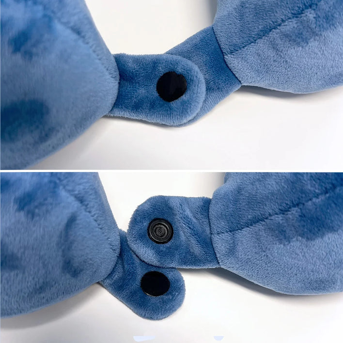 Snap button closure on ergonomic U-shaped travel pillow