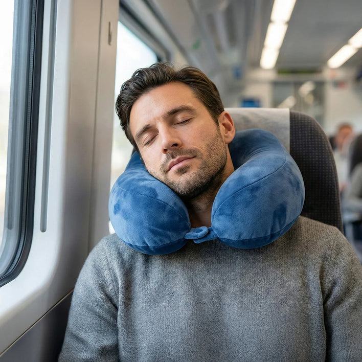 Man sleeping comfortably on train with supportive memory foam neck pillow