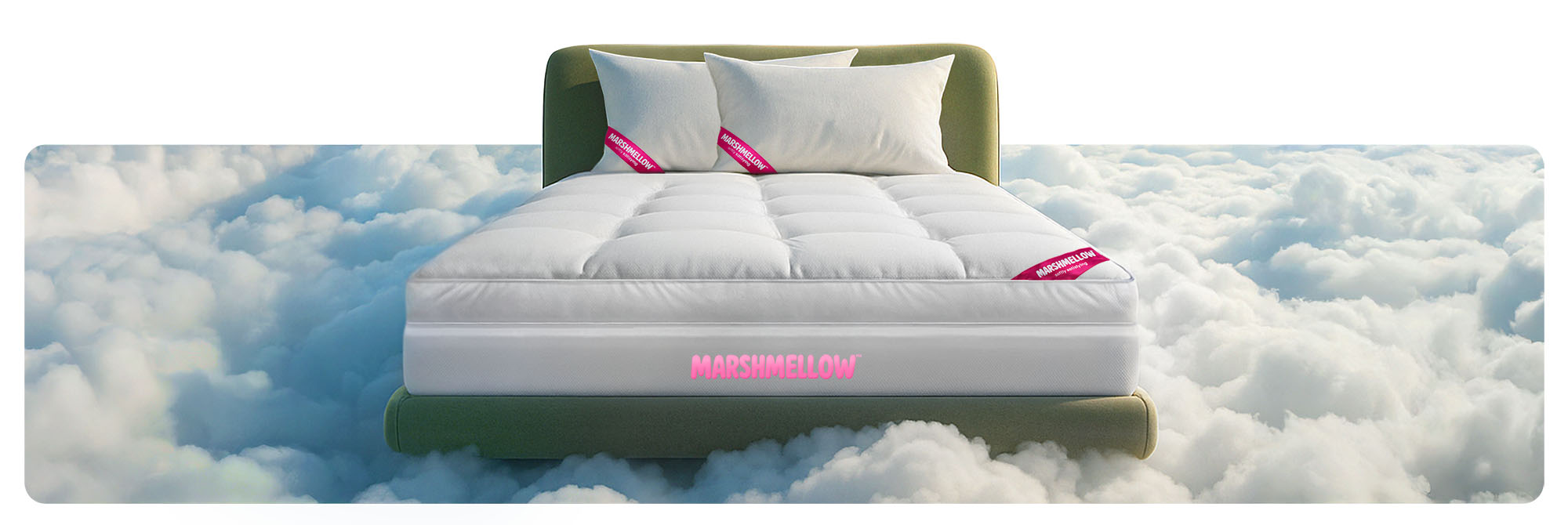 A white mattress labeled MARS&MELLOW is placed on a green bed frame, with three white pillows, appearing to float above a bed of fluffy clouds.