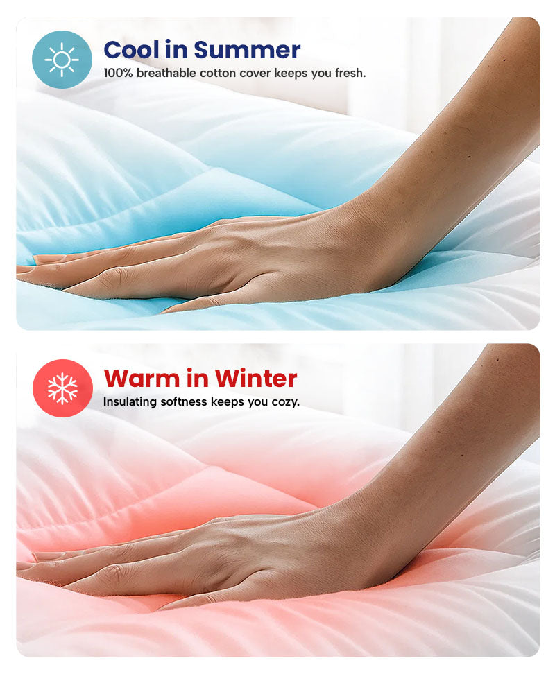 A hand presses on a blue-tinted mattress with the text Cool in Summer and on a pink-tinted mattress with the text Warm in Winter, illustrating the product’s temperature-regulating feature.