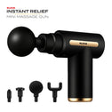 A black and gold Kleva Range mini massage gun with four attachment heads is shown. The text reads: [FREE GIFT] KLEVA® Portable Deep Tissue Muscle Mini Massage Gun for Instant Pain Relief (100% off) from BOGOS.io.