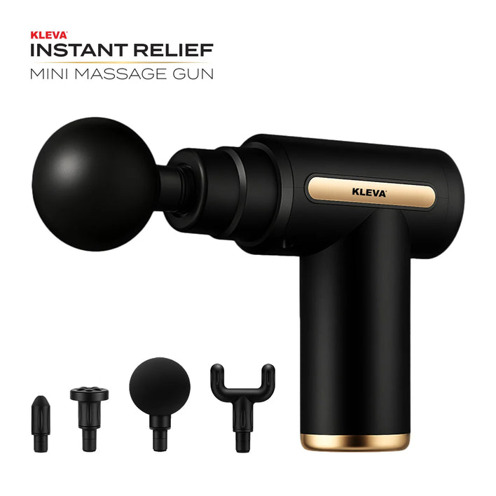 A black and gold Kleva Range mini massage gun with four attachment heads is shown. The text reads: [FREE GIFT] KLEVA® Portable Deep Tissue Muscle Mini Massage Gun for Instant Pain Relief (100% off) from BOGOS.io.