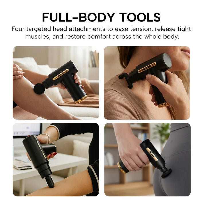 Cordless massage gun with multiple attachments for full body muscle therapy and recovery