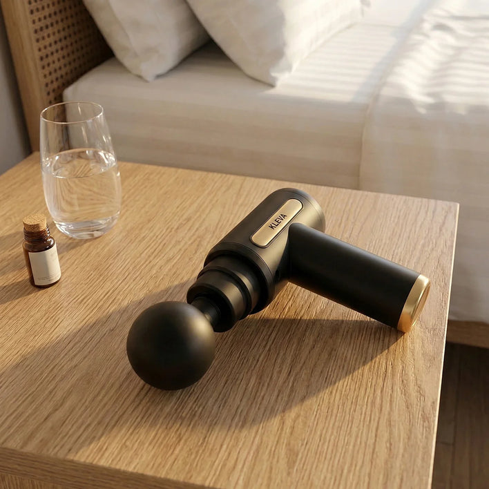 Portable cordless massage gun resting on table for home muscle recovery
