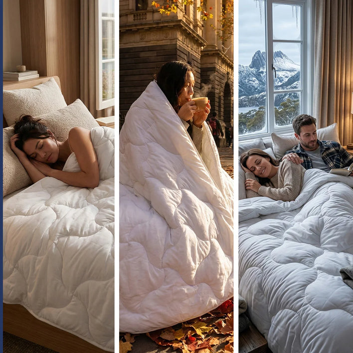 Three panels show: cozy sleep, autumn snuggles, and mountain relaxation—all enjoying the Super Sleeper Pro Quilt 365 All Season 2-in-1 Adjustable Quilt Set with two FREE luxurious Marshmellow Pillows for customizable comfort anywhere.