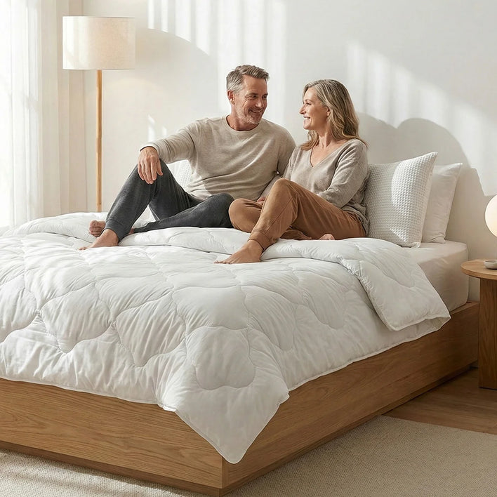 A couple sits on a neatly made bed with the Super Sleeper Pro Quilt 365 All Season 2-in-1 Adjustable Quilt Set and two free Marshmellow Pillows, enjoying customizable comfort in their bright, modern bedroom.