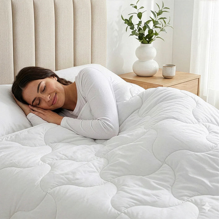 A woman with dark hair relaxes in bed under the Super Sleeper Pro Quilt 365 All Season 2-in-1 Adjustable Quilt Set, resting her head on FREE Luxurious Marshmellow Pillows. A wooden nightstand beside her holds a white vase and small plant.