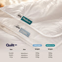 Super Sleeper Pro’s Quilt 365™ All Seasons Two Plush Quilts—one Medium, one Light—feature temperature regulation. A chart lists Double, Queen, and King sizes with dimensions and weights for these year-round adjustable quilt layers.