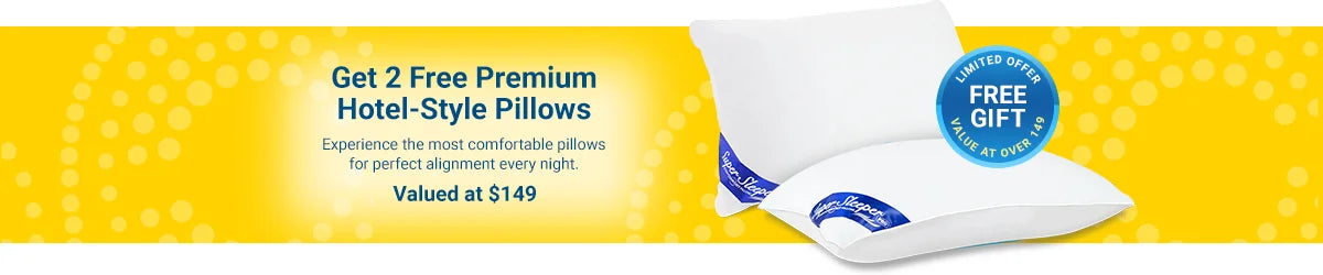 Promotional banner for premium hotel-style pillows with a free gift offer on a yellow background.
