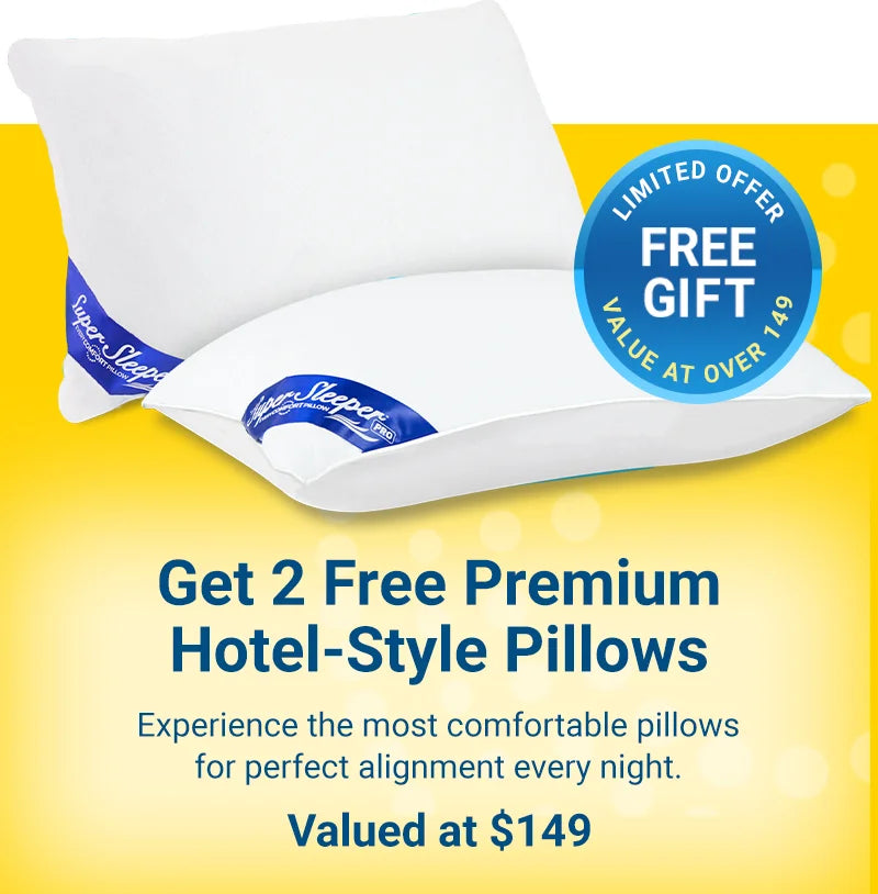 Promotional banner for premium hotel-style pillows with a free gift offer on a yellow background.