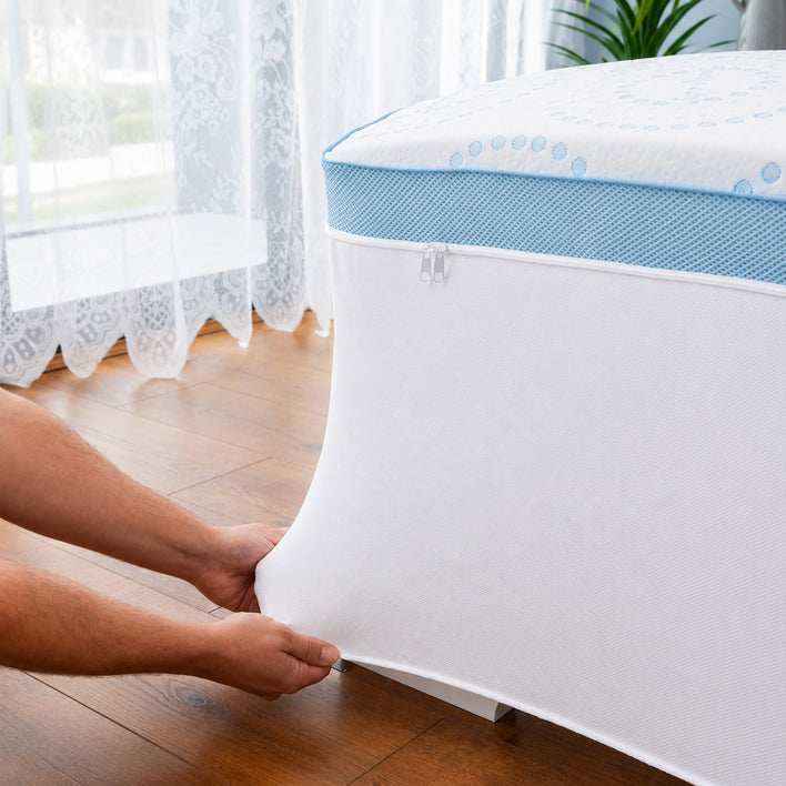 A person is pulling a white Super Sleeper Pro mattress protector over the edge of a bed with a blue and white mattress, possibly preparing to add their Straight 2 Sleep® Mattress Topper by Super Sleeper Pro, in a room featuring wood flooring and sheer lace curtains.