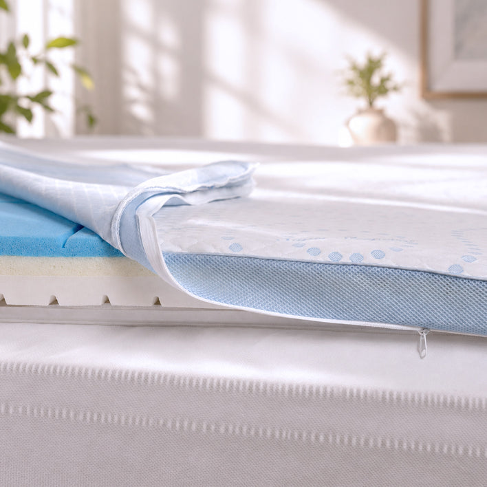 Close-up of a Super Sleeper Pro Straight 2 Sleep® Mattress Topper with its zippered cover partially open, displaying layers of blue and white foam inside. Sunlight streams into the room, and a plant appears softly blurred in the background.
