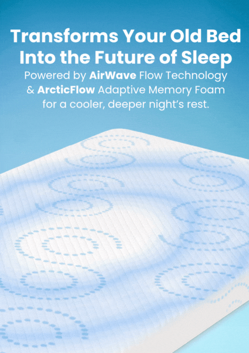 A mattress topper with a blue and white wavy pattern is shown. Text above reads, Transforms Your Old Bed Into the Future of Sleep, highlighting AirWave Flow Technology and ArcticFlow Adaptive Memory Foam.
