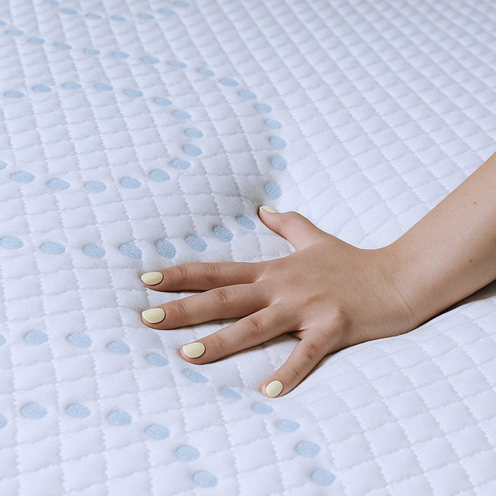 Hand touching a textured white surface with blue dots