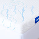 Mattress with blue wavy lines and 'Super Soft' label on a white background