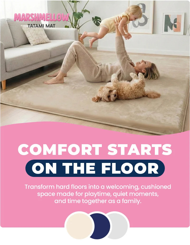 Marshmellow tatami floor mat in living room, soft cushioned Japanese tatami mat floor for baby play, family comfort and pet friendly use