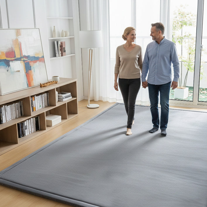 Couple walking on a gray tatami floor mat, demonstrating a soft and supportive floor tatami mat.