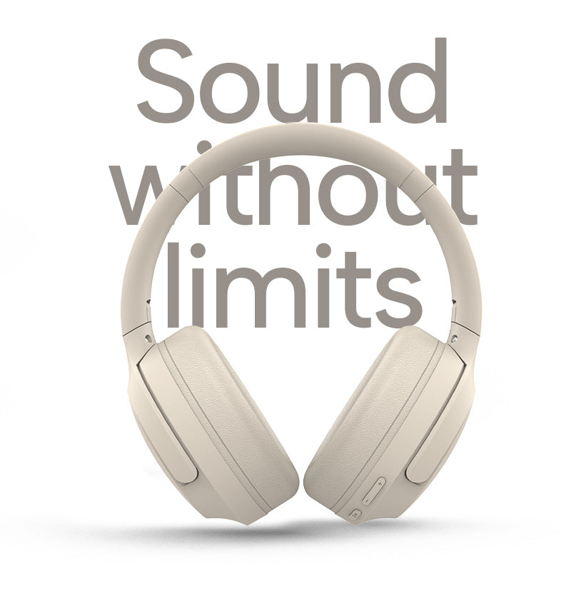 Over-ear beige headphones are centered in front of the phrase “Sound without limits” in large, matching beige letters on a light gray background.