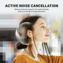 A woman smiles wearing Kleva Range True Wireless Noise Cancelling AudioPods Pro with Touch Screen & Charging Case, highlighted by a translucent bubble and pixelated background reading: Active Noise Cancellation—up to 40 dB noise reduction.