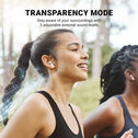 Two women jog outdoors wearing Kleva Range True Wireless Noise Cancelling AudioPods Pro with Touch Screen & Charging Case. On-screen text: TRANSPARENCY MODE—stay aware with 3 adjustable sound levels. Graphic highlights active noise cancellation feature.