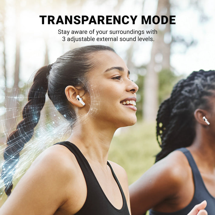 Two women jog outdoors wearing Kleva Range True Wireless Noise Cancelling AudioPods Pro with Touch Screen & Charging Case. On-screen text: TRANSPARENCY MODE—stay aware with 3 adjustable sound levels. Graphic highlights active noise cancellation feature.